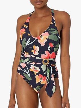 Seafolly Navy One-Piece Swimsuit with Belt and Floral Accents AU12 / US8